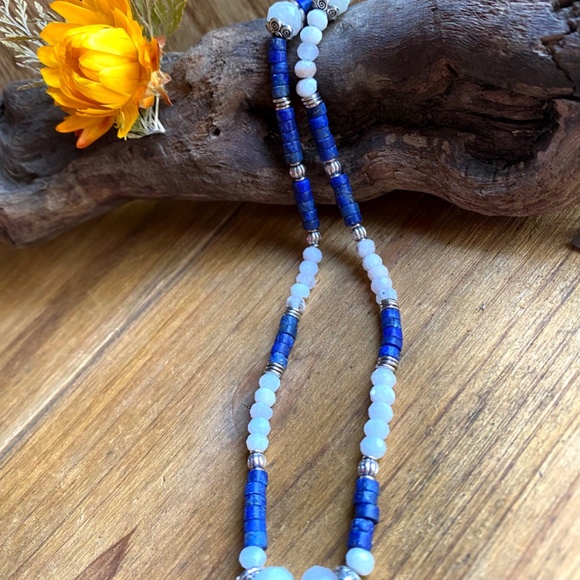 Genuine Moonstone + Lapis Lazuli Gemstone Necklace - Picture 9 of 10